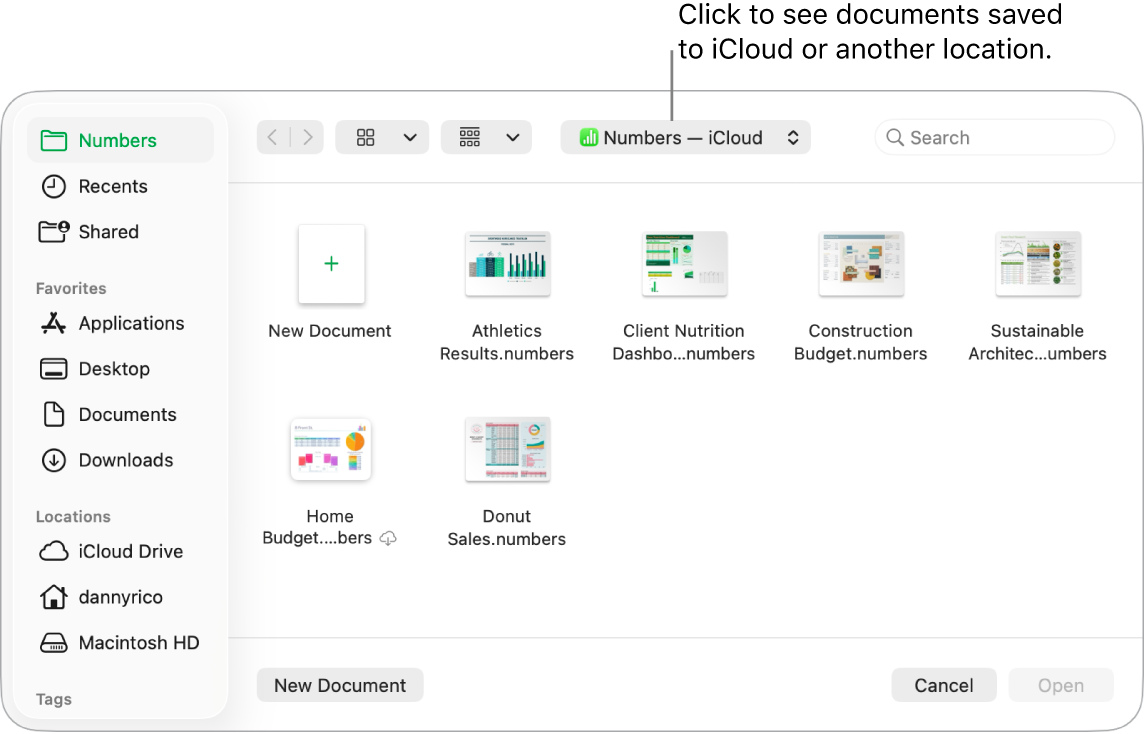 The Open dialog with the sidebar open on the left and iCloud Drive selected in the pop-up menu at the top. Folders for Keynote, Numbers, and Pages appear in the dialog, along with a New Document button.