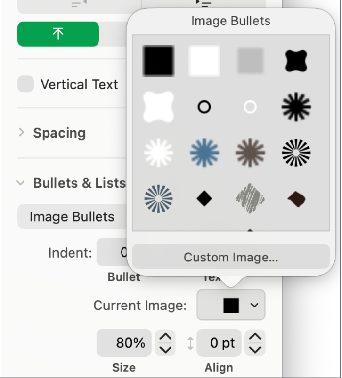The Image Bullets pop-up menu.