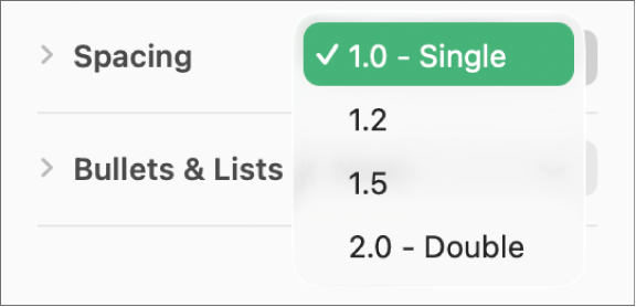 The Spacing pop-up menu with Single, Double, and other options.