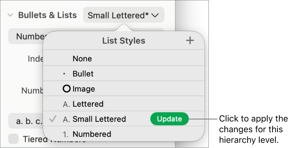 The List Styles pop-up menu with an Update button next to the name of the new style.