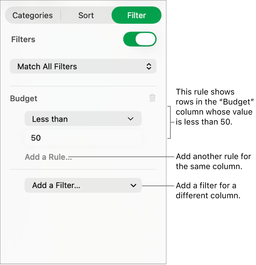 Controls for creating filtering rules.