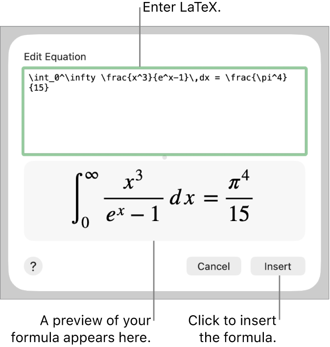 The quadratic formula written using LaTeX in the Equation field, and a preview of the formula below.