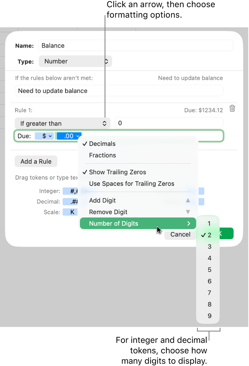The custom cell format window with controls for choosing custom formatting options.