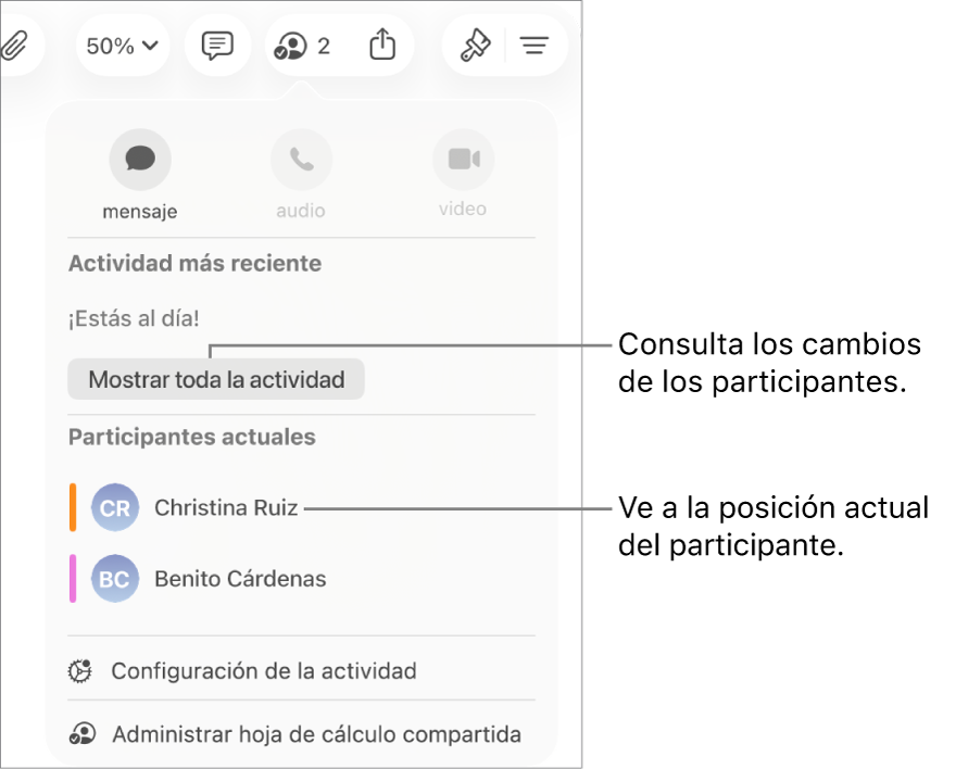 El menú de colaboración con dos participantes actuales que aparecen ahí.