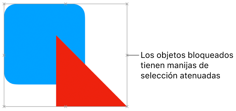 Objetos bloqueados con manijas de selección atenuadas.