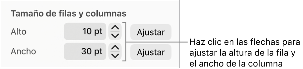 Los controles para ajustar un tamaño de fila o columna preciso.