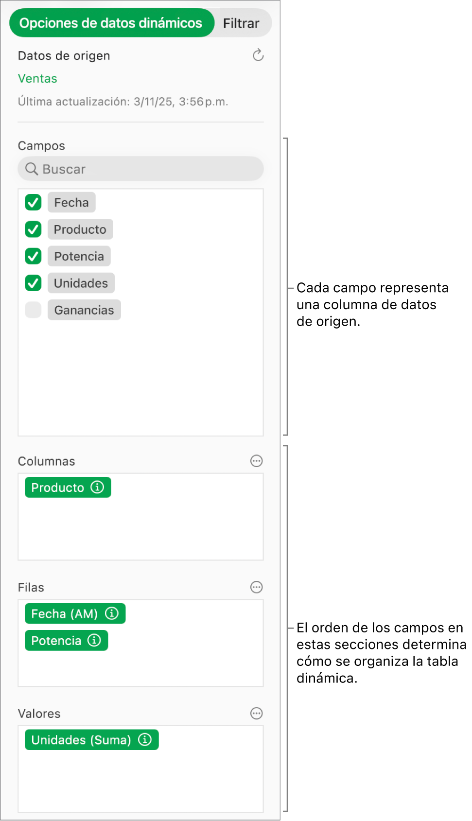 El menú Opciones de datos dinámicos mostrando los campos de las secciones Columnas, Filas y Valores, así como los controles para editar los campos y actualizar la tabla dinámica.