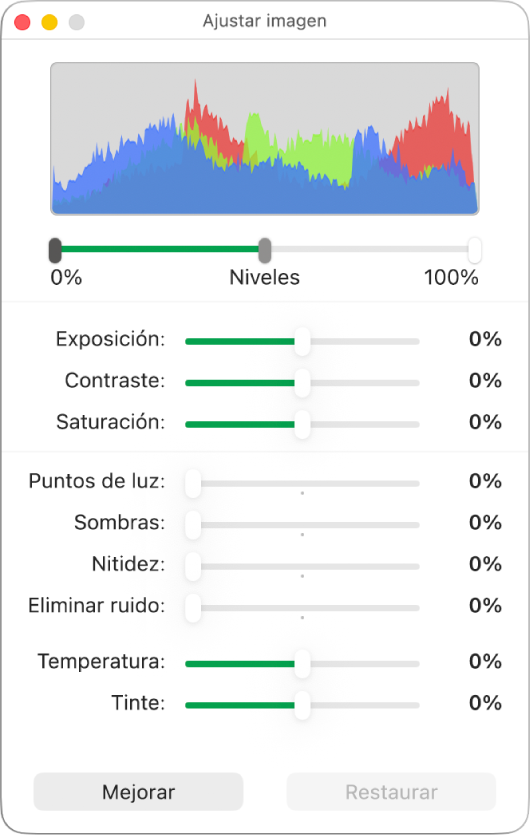La ventana Ajustar imagen con reguladores para ajustar la exposición, el contraste, la saturación, los puntos de luz, las sombras, la nitidez, la eliminación de ruido, la temperatura y el tinte.