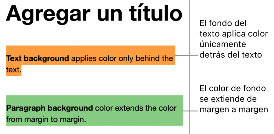 Un párrafo con color únicamente detrás del texto y un segundo párrafo con color por detrás que se extiende de margen a margen en un bloque.