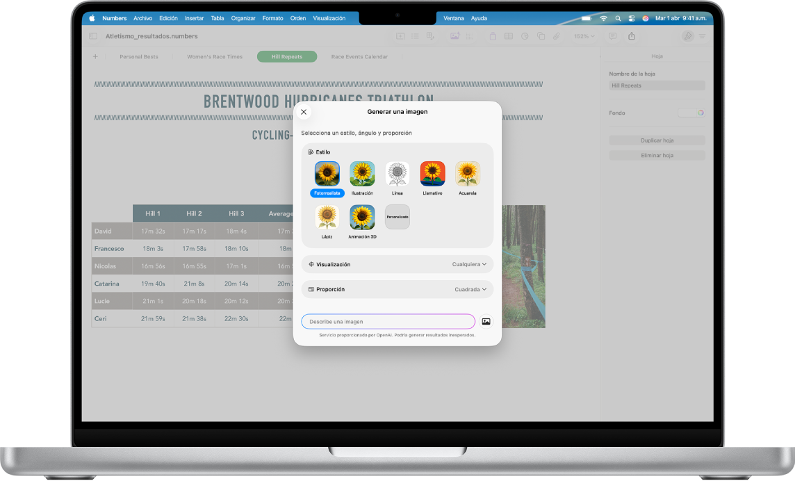 El cuadro de diálogo Generar una imagen, que muestra opciones para generar una imagen a partir de una descripción de texto.
