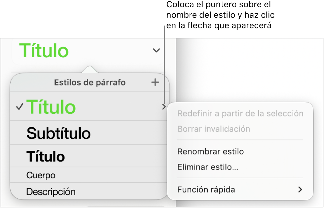El menú de Estilos de párrafo con el menú de función rápida abierto.