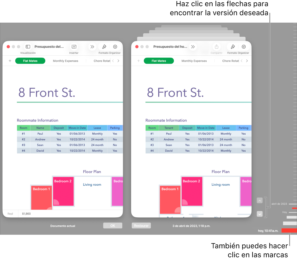 La ventana Restaurar, que muestra las versiones que puedes buscar.
