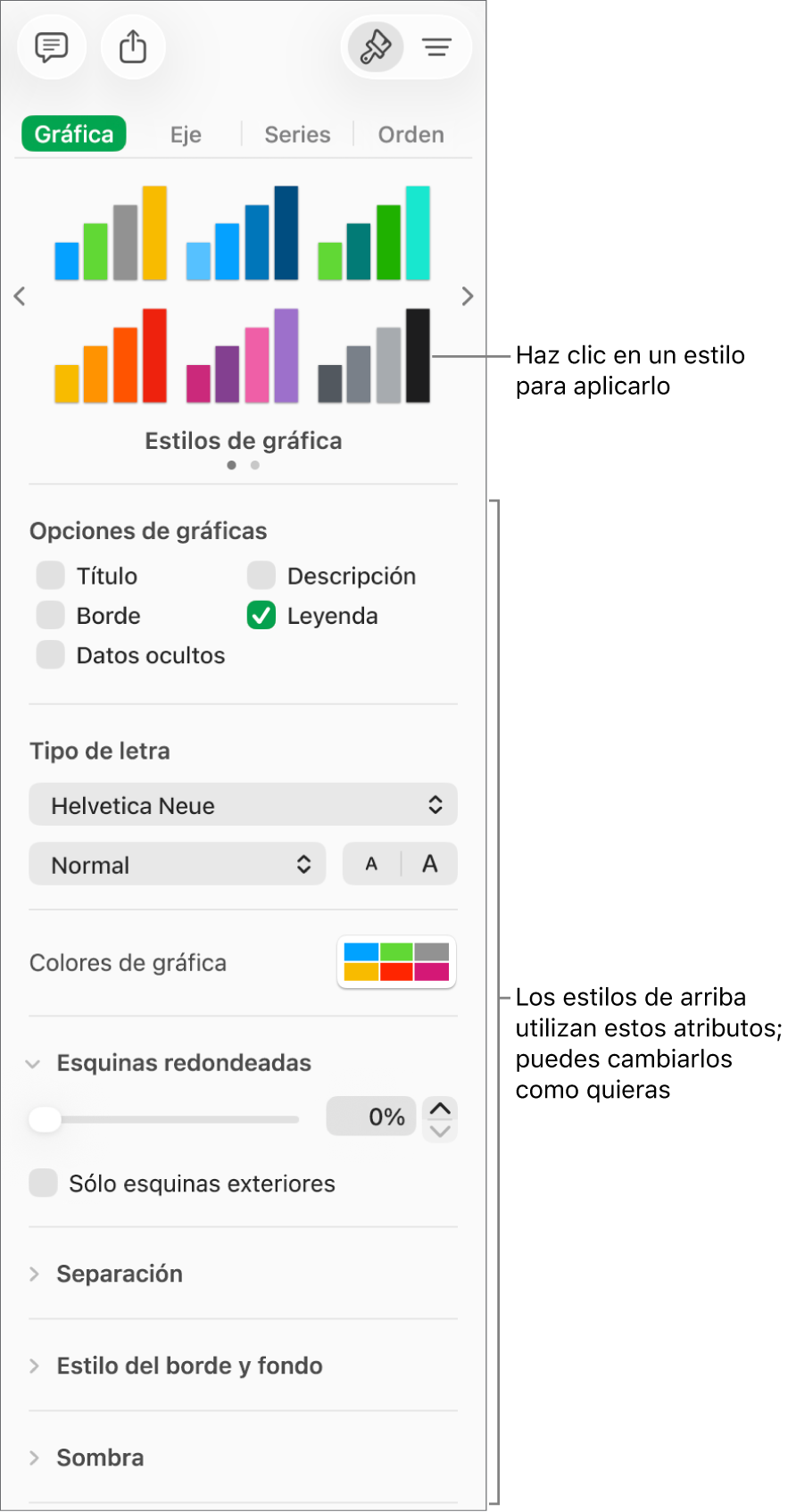 La barra lateral Formato que muestra los controles para dar formato a gráficas.