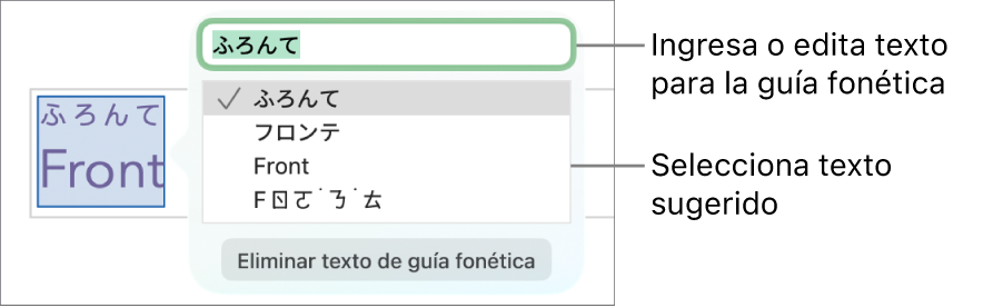 Guía fonética abierta para una palabra, con mensajes en el campo de texto y en el texto sugerido.