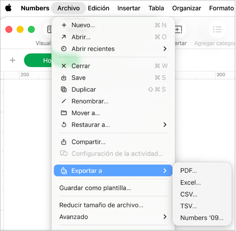 El menú Archivo abierto con la opción Exportar a seleccionada y con su submenú donde se muestran las opciones de exportación, como PDF, Excel y CSV.