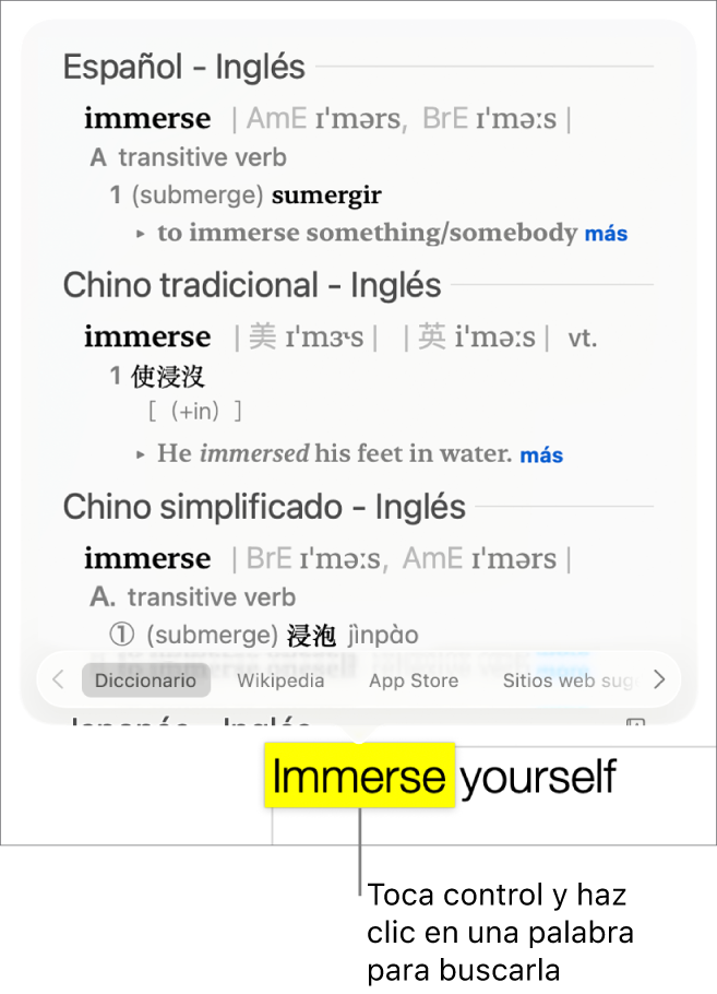 Texto con una palabra resaltada y una ventana en la que se muestra su definición y una entrada en el diccionario de sinónimos. Los tres botones en la parte inferior de la pantalla proporcionan enlaces al diccionario, Wikipedia y sitios web sugeridos por Siri.