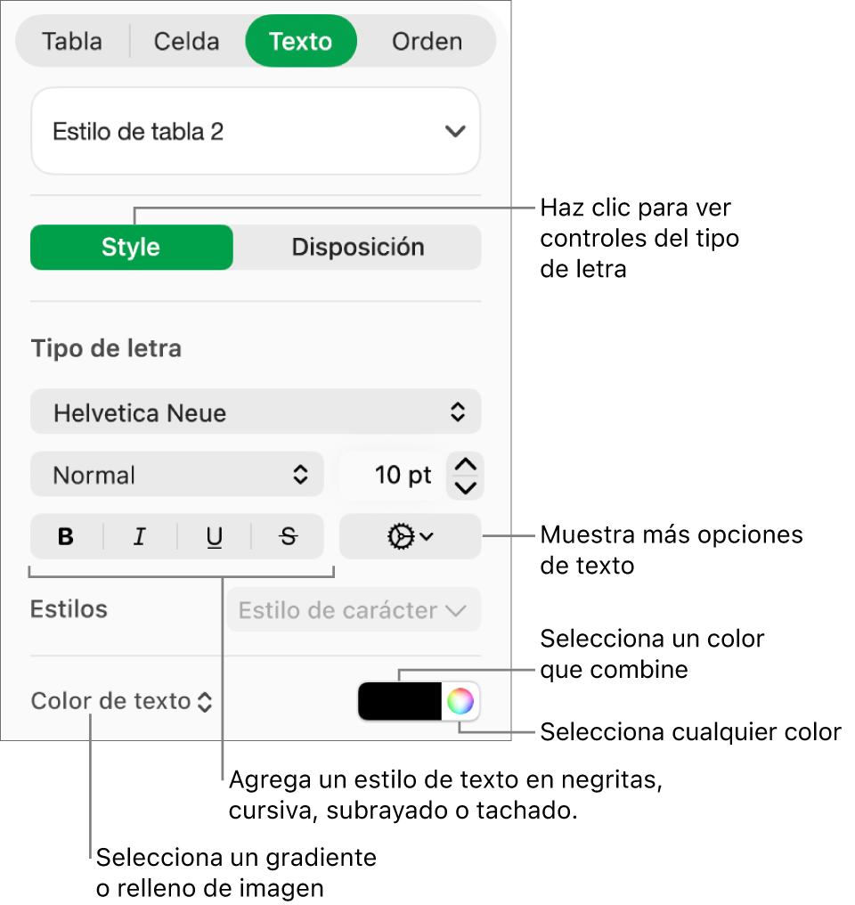 Los controles para aplicar un estilo a texto de la tabla.