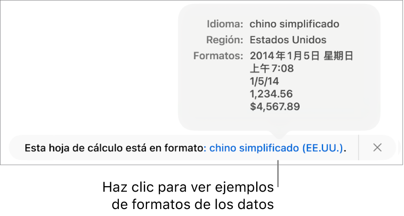 La notificación de la configuración de idioma y formato distinto, con ejemplos del formato en ese idioma y región.