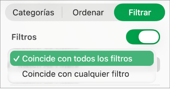Menú desplegable para seleccionar entre mostrar las filas que coincidan con todos los filtros o con cualquiera de los filtros.