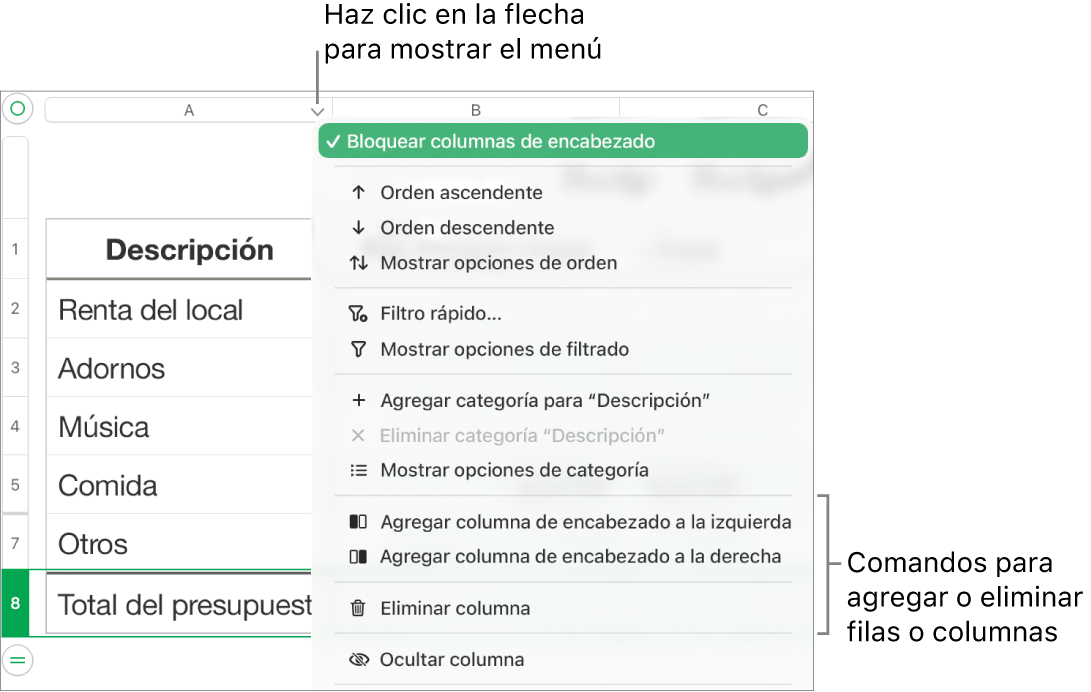 El menú de columna de tabla con comandos para agregar o eliminar filas y columnas.