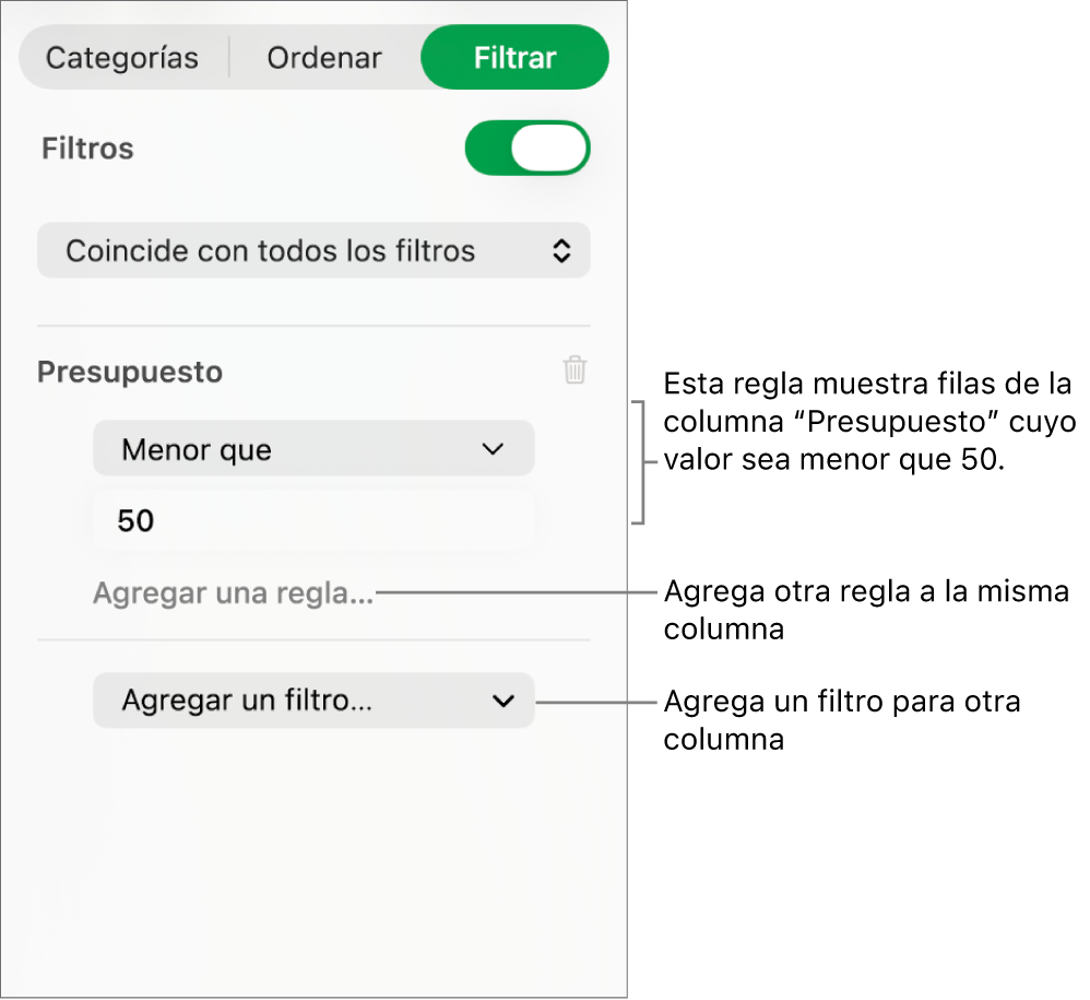 Controles para crear reglas de filtro.