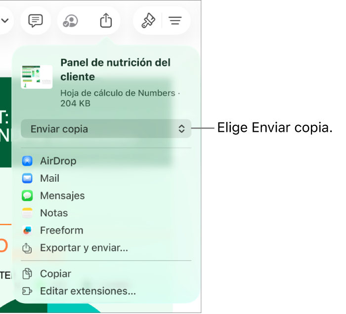 El menú Compartir con la opción Enviar copia seleccionada en la parte superior.