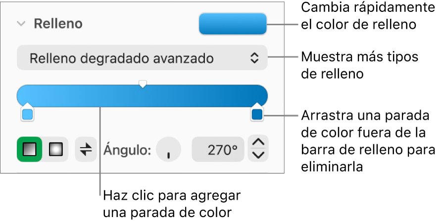 Controles para rellenar objetos con colores.