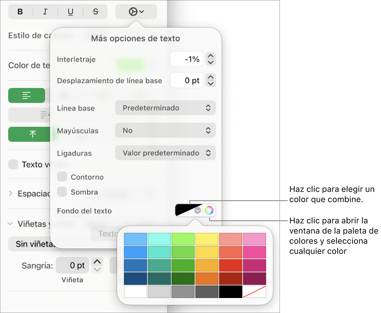 Controles para seleccionar un relleno de texto.