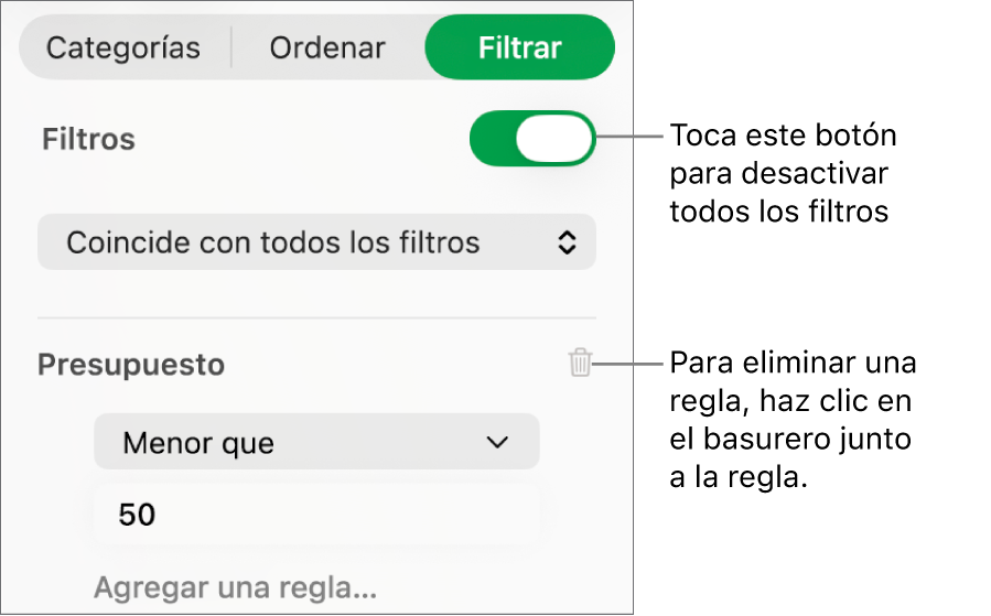 Controles para eliminar un filtro o desactivar todos los filtros.