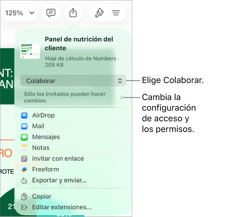 El menú Compartir con la opción Colaborar seleccionada en la parte superior, y la configuración de acceso y permisos debajo.