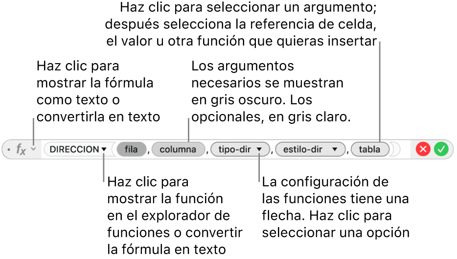 El editor de fórmulas con la función DIRECCIÓN y sus identificadores de argumentos.