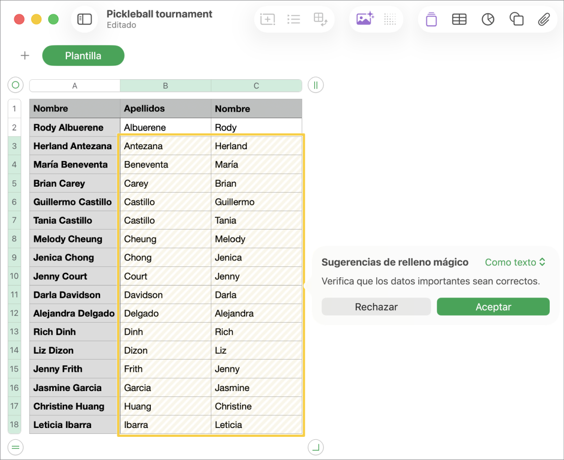 Una hoja de cálculo con nombres resaltados y un menú desplegable con las sugerencias del relleno mágico, las cuales se pueden aceptar o rechazar.