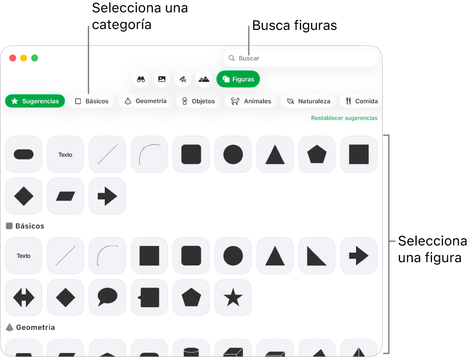 La biblioteca de figuras, con las categorías enumeradas a la izquierda y las figuras mostradas a la derecha. Puedes usar el campo de búsqueda de la parte superior para buscar figuras o desplazarse para ver más.