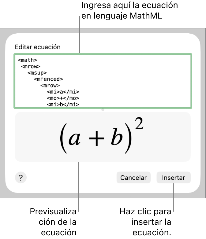 La ecuación de la pendiente de una recta en el campo Editar ecuación y la vista previa de la fórmula a continuación.