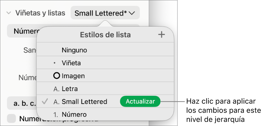 El menú desplegable Estilos de lista con el botón Actualizar junto al nombre del nuevo estilo.