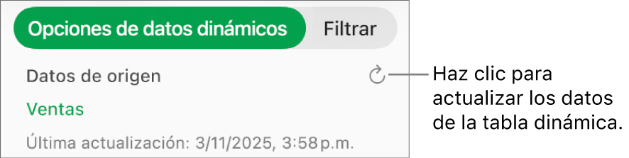 La pestaña Opciones de datos dinámicos mostrando la opción de actualizar la tabla dinámica.