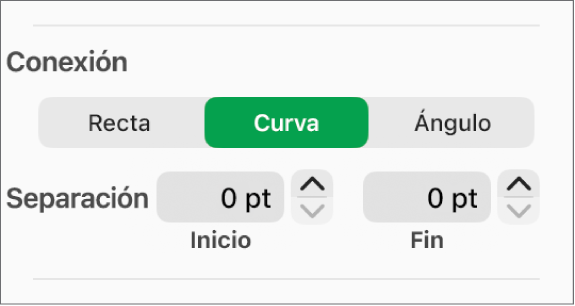 Los controles de Conexión con la opción Curva seleccionada.