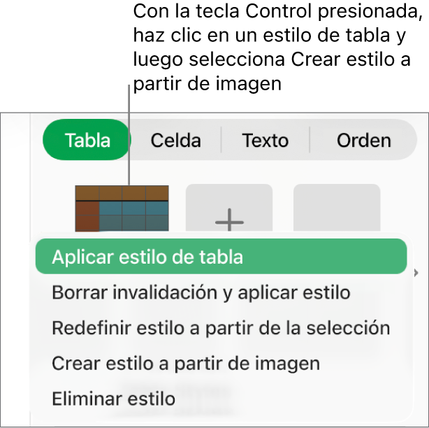 El menú de funciones rápidas de estilo de tabla.