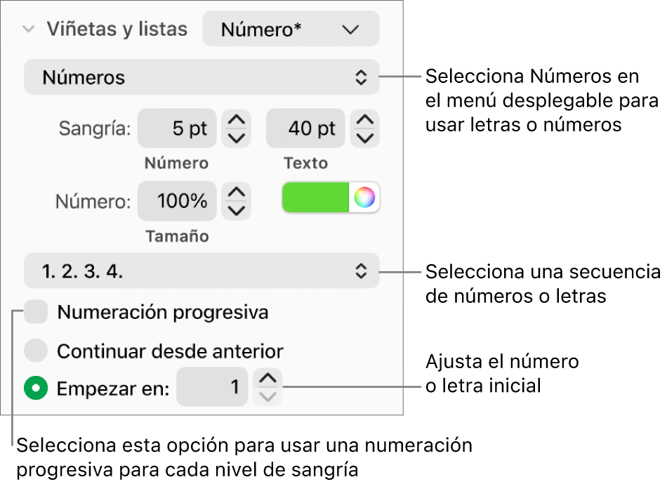 Controles para cambiar el estilo de numeración y el espaciado de una lista.