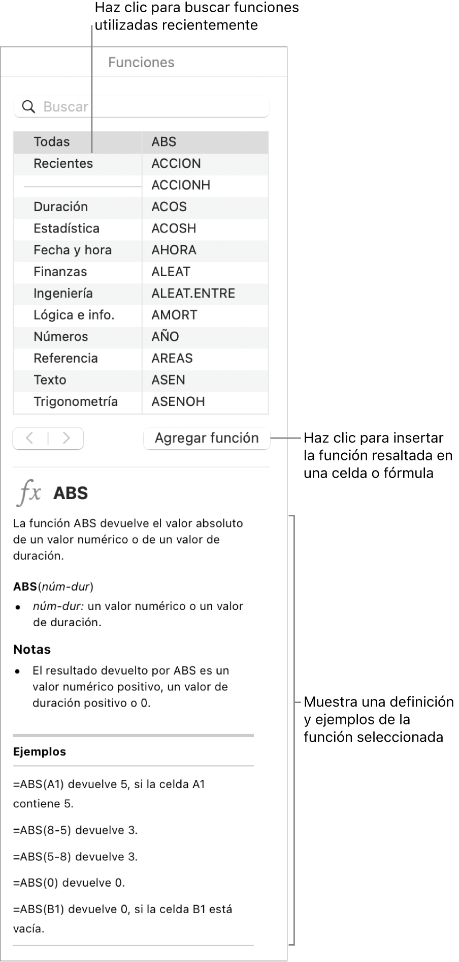 El explorador de funciones con globos en las funciones utilizadas recientemente, el botón Insertar función y la definición de la función.