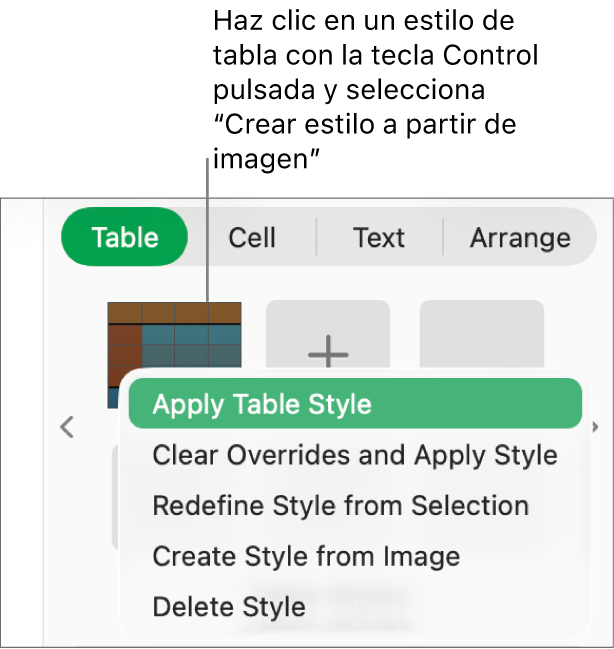 El menú de funciones rápidas de estilo de tabla.