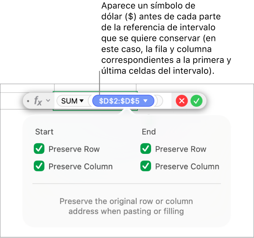 Fórmula mostrando las referencias de fila y columna conservadas.