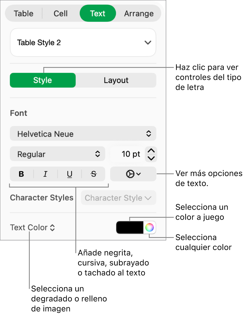 Los controles para aplicar un estilo a texto de la tabla.
