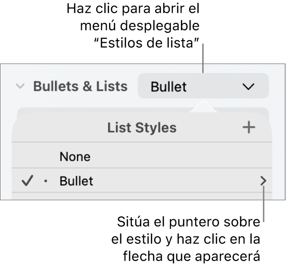 El menú desplegable “Estilos de lista” con un estilo seleccionado y una flecha en el extremo derecho.