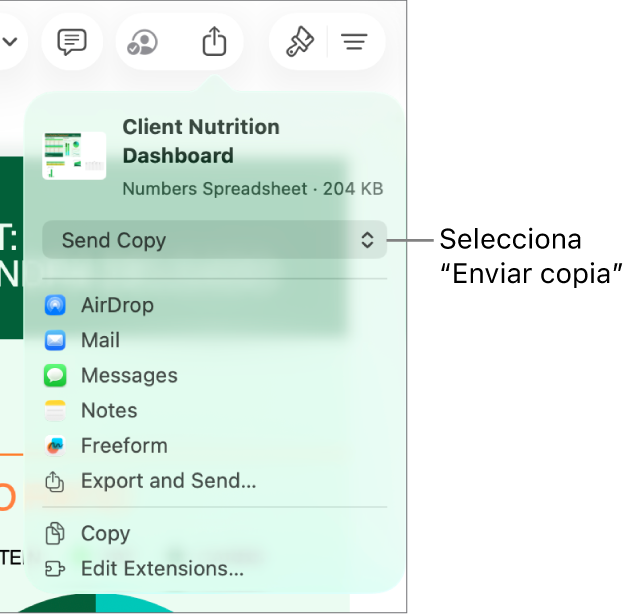 El menú Compartir con la opción “Enviar copia” seleccionada en la parte superior.