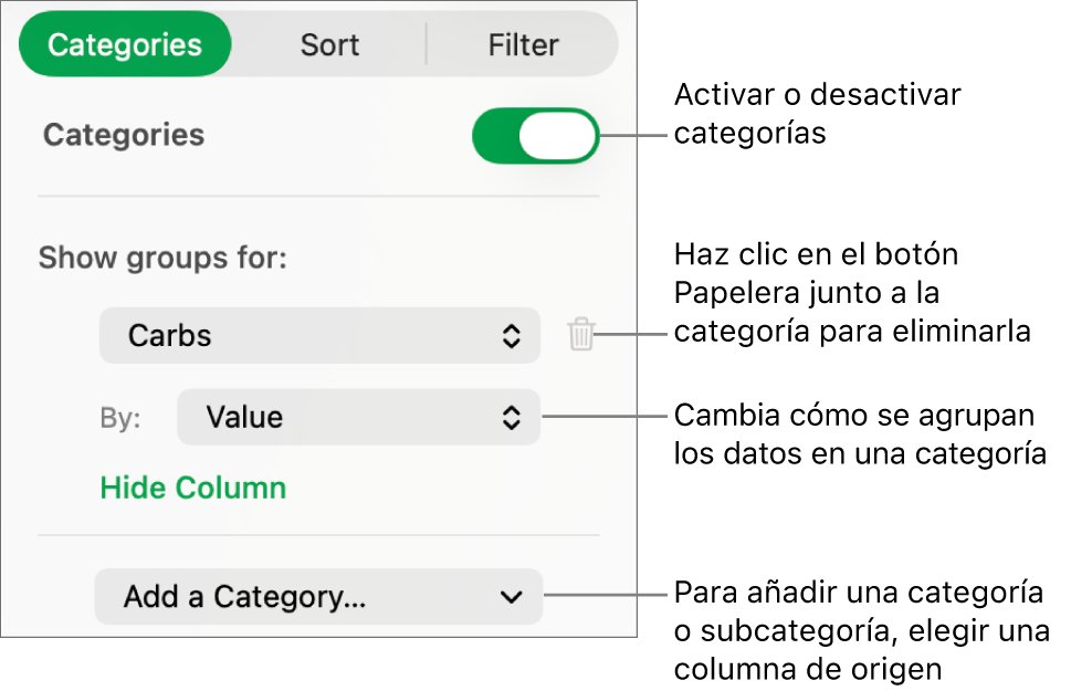 La barra lateral de categorías con opciones para desactivar categorías, eliminar categorías, reagrupar datos, ocultar una columna de origen y añadir categorías.