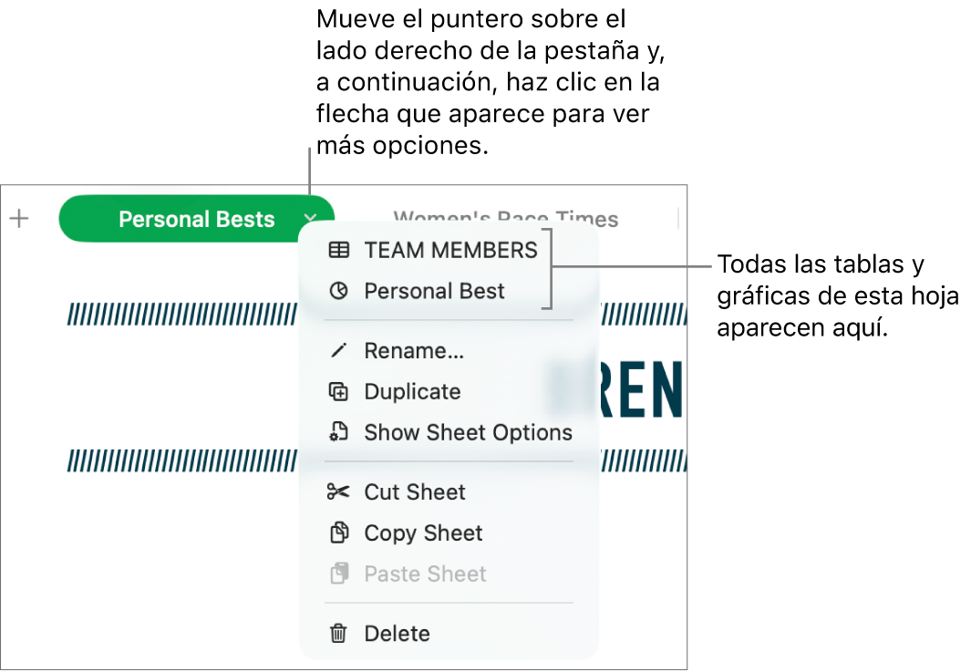 Una pestaña de hoja de cálculo con el menú de función rápida abierto, donde se muestran opciones como Duplicar.
