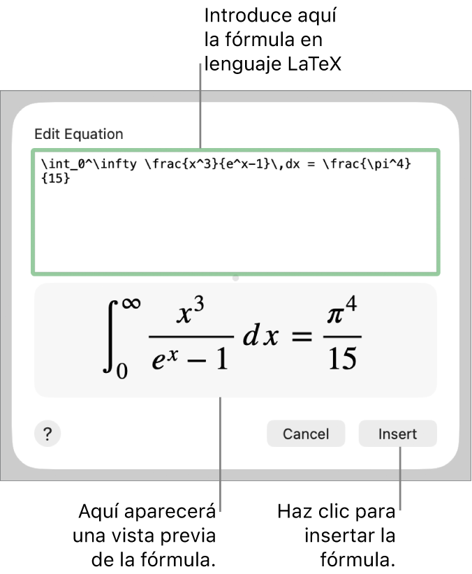 La fórmula cuadrática escrita con LaTeX en el campo de ecuación y la previsualización de la fórmula a continuación.