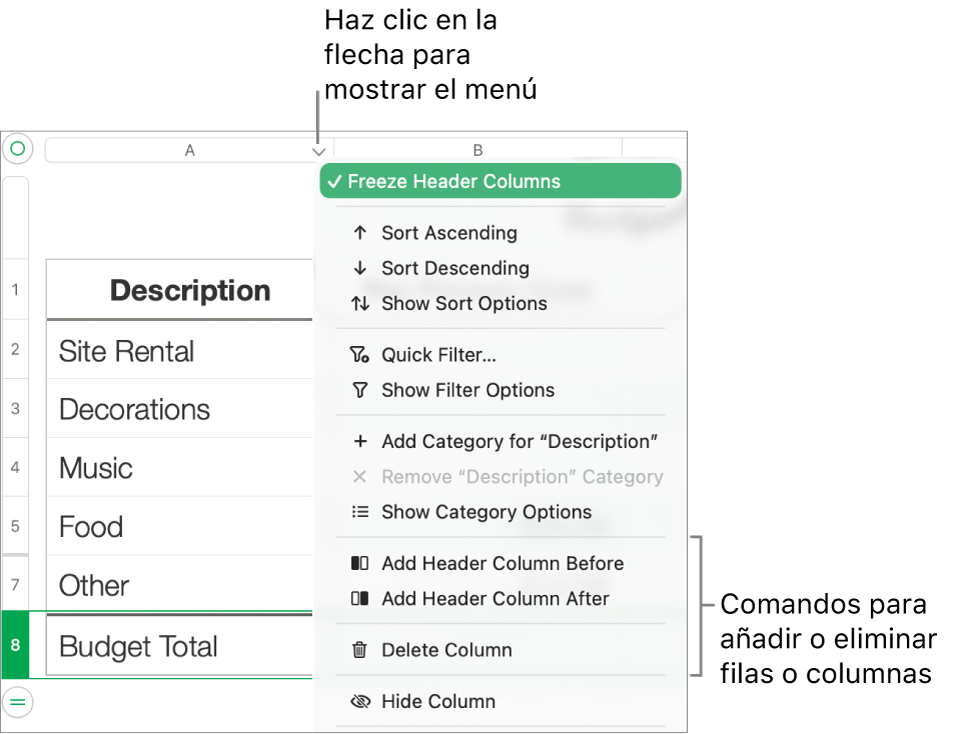 El menú de columna de tabla con comandos para añadir o eliminar filas y columnas.