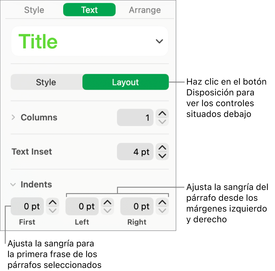 La sección Disposición de la barra lateral Formato con controles para ajustar la sangría de la primera línea y los márgenes de párrafo.
